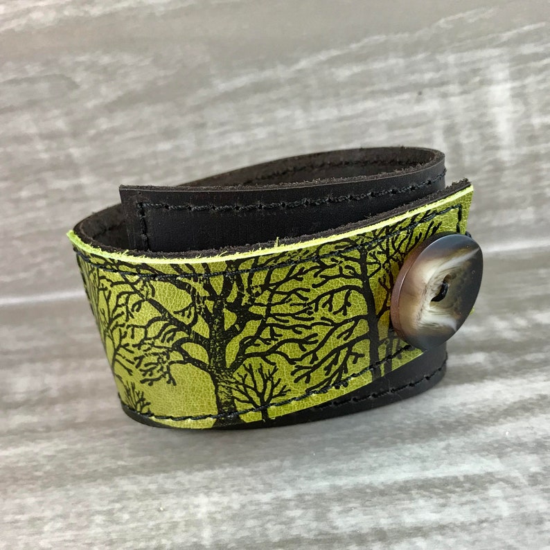 Leather Cuff Wrap Womens Bracelet Wrap Tree Silhouette Print Green Leather Nature Inspired Printed Leather Nature Inspired image 1