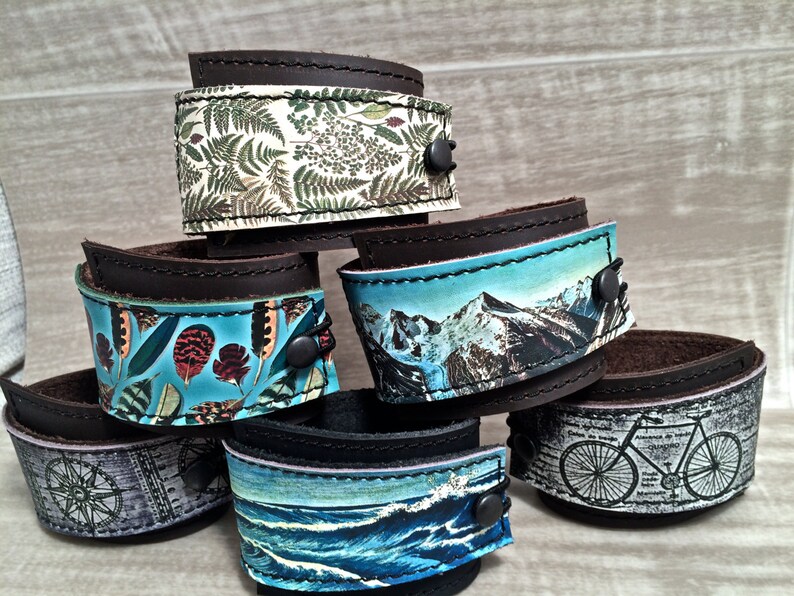 Leather Cuff Wrap Womens Bracelet Wrap Tree Silhouette Print Green Leather Nature Inspired Printed Leather Nature Inspired image 3