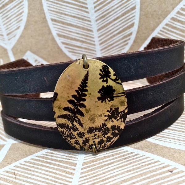 Leather Brass Pendant Bracelet - Layered Cuff - Fern Print - Tree Print - Bird Print - Mulitstand Cuff - Layering Bracelet - Leather Gift