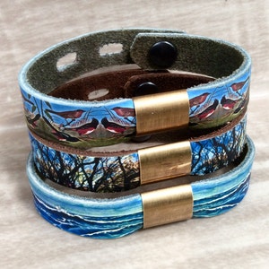Leather Narrow Bracelet - Raw Brass Bracelet - Photo Print Leather - Bird Bracelet - Trees Bracelet -Ocean Bracelet -Adjustable Size Leather