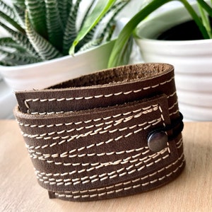 Leather Cuff Wrap Unisex Bracelet Contratsing Stitiching Brown Leather Cuff Modern Bracelet Leather Gift Unique Gift Simple Bracelet image 2