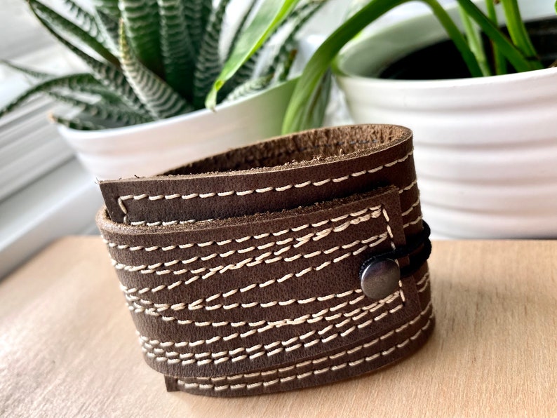 Leather Cuff Wrap Unisex Bracelet Contratsing Stitiching Brown Leather Cuff Modern Bracelet Leather Gift Unique Gift Simple Bracelet image 2