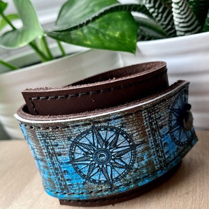 Leather Cuff - Unisex Wrap, Compass Print - Photo Print Leather - Made in Canada - Gift for Him -