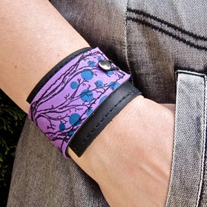 Leather Wrap Bracelet - Women's Wrap Bracelet, Twiggy Print - Purple Leather Bracelet - Leather Gift - Tree Print Bracelete - Gift for Her