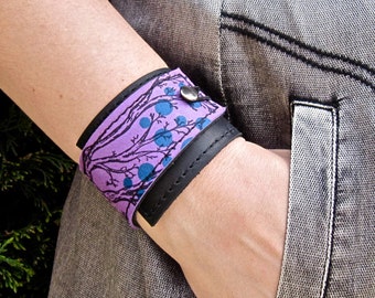 Leather Wrap Bracelet - Women's Wrap Bracelet, Twiggy Print - Purple Leather Bracelet - Leather Gift - Tree Print Bracelete - Gift for Her