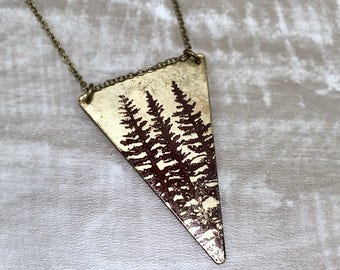 Brass Necklace - Triangle Jewelry - Dark Side of the Moon - Pine Tree Print - Reversible Necklace - Boho Jewelry -Nature gift - Gift for Her