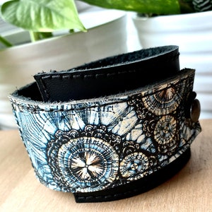 Leather Cuff Bracelet Wrap - Blue Crystals- Spirals- Leather Gift- Modern Bracelet- Crystal Jewelry- Modern Boho- Leather Bracelet for Women