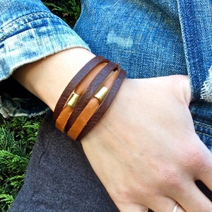 Layered Leather Bracelet - Raw Brass Beads - Multistrand Bracelet - Womens Layering Bracelet - Modern Boho - Boho Bracelet - Simple Bracelet