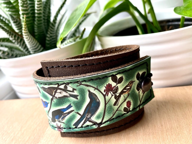 Leather Cuff Bracelet Women's Wrap, Emerald Birds of a Feather Digital Photo Print on 100% Genuine Leather image 1