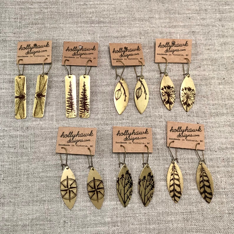 Brass Earrings Hand Printed Pine Tree Gift Rectangle Earrings Nature Jewellery Gifts for Her Golden Tree Earrings Boho Earrings image 5