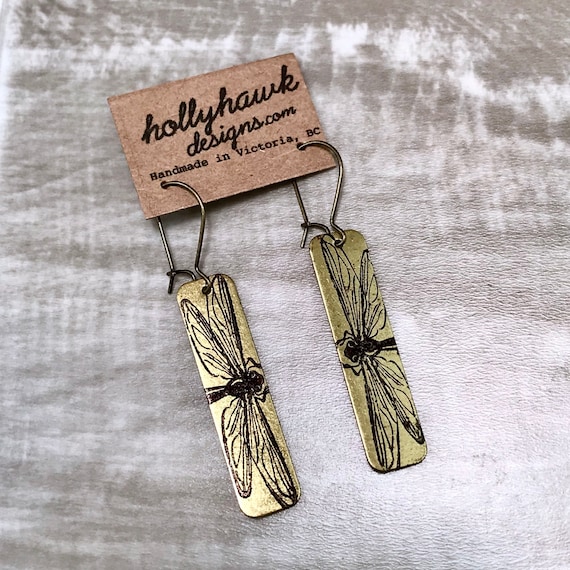 Brass Earrings Hand Printed Dragonfly Jewelry Rectangle Drop