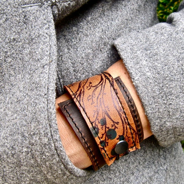 Women's Leather Wrap Bracelet - Gift for Her -  Brown Twiggy Print