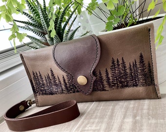 Women's Leather Wallet - Long Leather Wallet - Phone Case Wallet - Wrist Strap Case - Olive Taupe - Pine Tree Print - Gift for Her -Unique