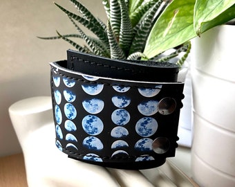 WIDE Leather Cuff - Wrap Unisex Bracelet - Moon Phases - Photo Print - Gift for Him - Black and White Cuff -