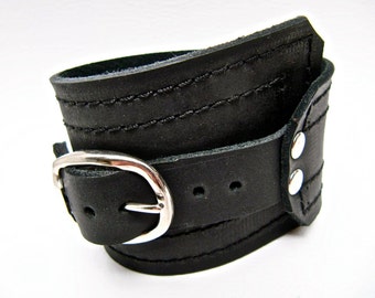 Black Leather Cuff - Wide Bracelet - Leather Gift - Buckle Cuff - Leather Wristband - Gifts For Him - Mens Leather Cuff - Simple Modern Cuff