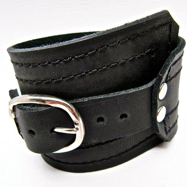 Black Leather Cuff - Wide Bracelet - Leather Gift - Buckle Cuff - Leather Wristband - Gifts For Him - Mens Leather Cuff - Simple Modern Cuff