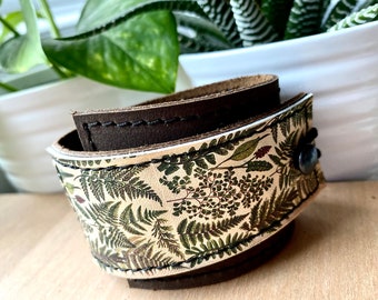 Fern Print Leather Cuff Bracelet – Botanical Photo Image - Adjustable Size