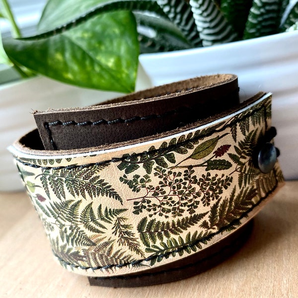 Leather Cuff Wrap - Women's Bracelet - Vintage Image Gift - Photo Print Leather - Genuine Leather - Leather Gift - Gift for Her -Fern Print