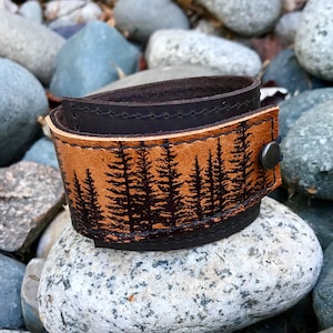 Leather Wrap Tree Bracelet - UnisexCuff - Pine Tree Print - Adjustable Size