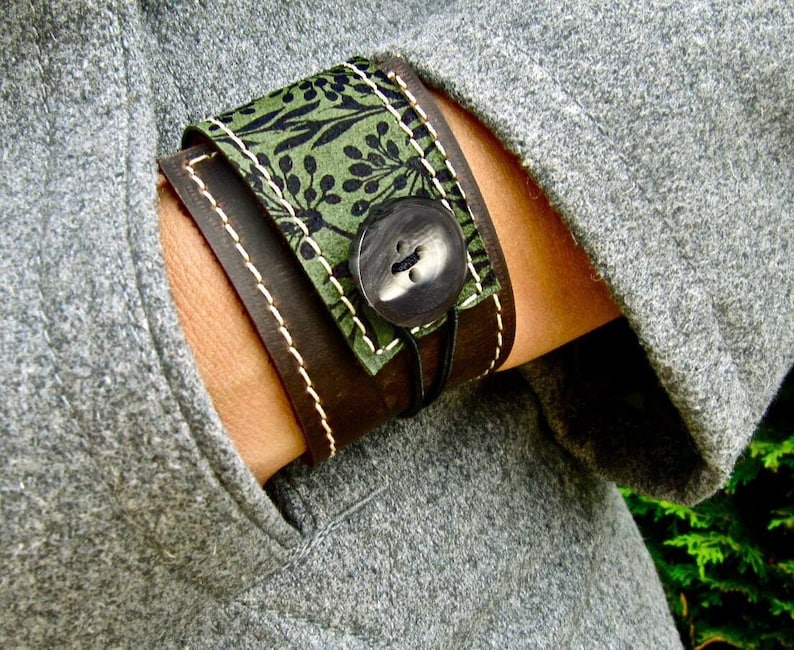 Brown leather bracelet wrap cuff for women with green floral print unique comfortable adjustable size with elastic button closure