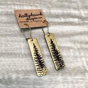 Brass Earrings Hand Printed Pine Tree Gift Rectangle Earrings Nature Jewellery Gifts for Her Golden Tree Earrings Boho Earrings image 4