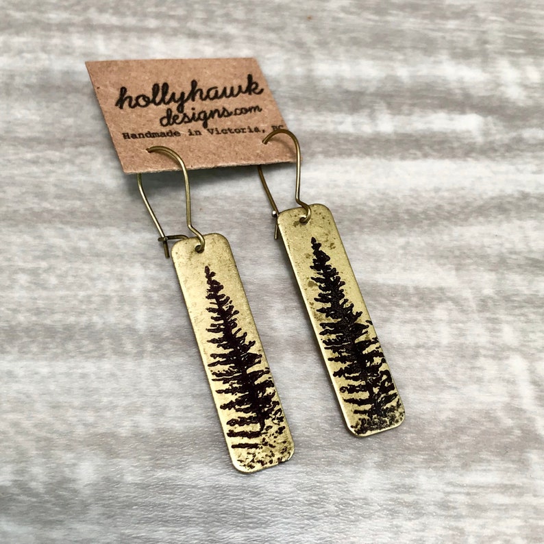 Brass Earrings Hand Printed Pine Tree Gift Rectangle Earrings Nature Jewellery Gifts for Her Golden Tree Earrings Boho Earrings image 4