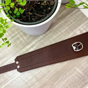 Brown Leather Cuff Unisex Buckle Wrap Adjustable Size Gifts for Him Modern Cuff Wide Leather Cuff Unisex Leather Bracelet Unique image 2