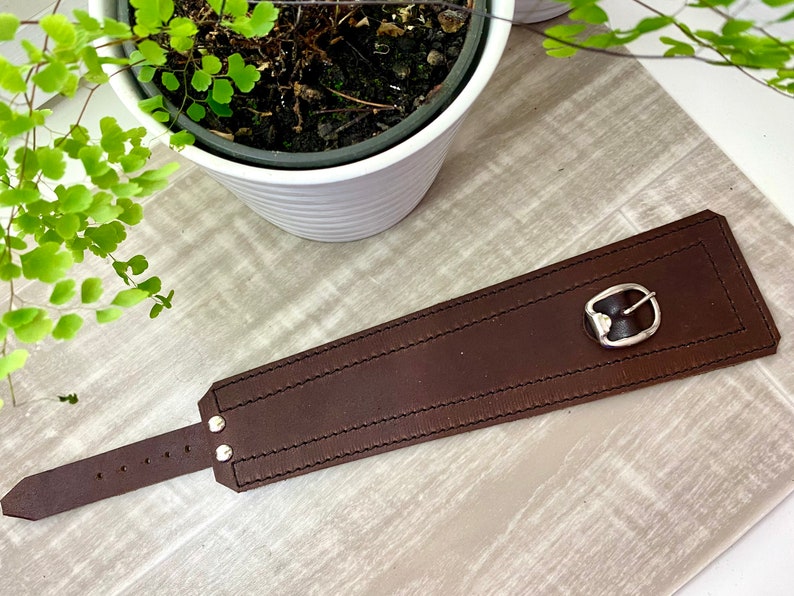 Brown Leather Cuff Unisex Buckle Wrap Adjustable Size Gifts for Him Modern Cuff Wide Leather Cuff Unisex Leather Bracelet Unique image 2