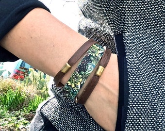 Layered Leather Bracelet - Multistrand Bracelet - Brass Bracelet - Succulents - Stacking Cuff - Womens Wrap