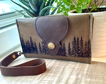 Leather Wallet - Women's Compact Wallet - Leather Phone Case - Wrist Strap Wallet - Olive Taupe -Pine Tree Image -Tree Wallet - Gift for Her