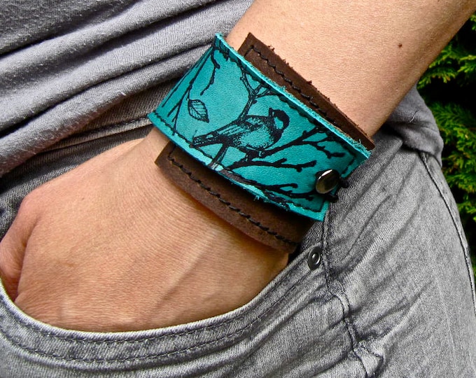 Floral Concho Leather Cuff Bracelet, Silver & Bronze