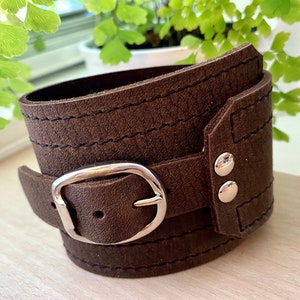 Brown Leather Cuff Unisex Buckle Wrap Adjustable Size Gifts for Him Modern Cuff Wide Leather Cuff Unisex Leather Bracelet Unique image 1