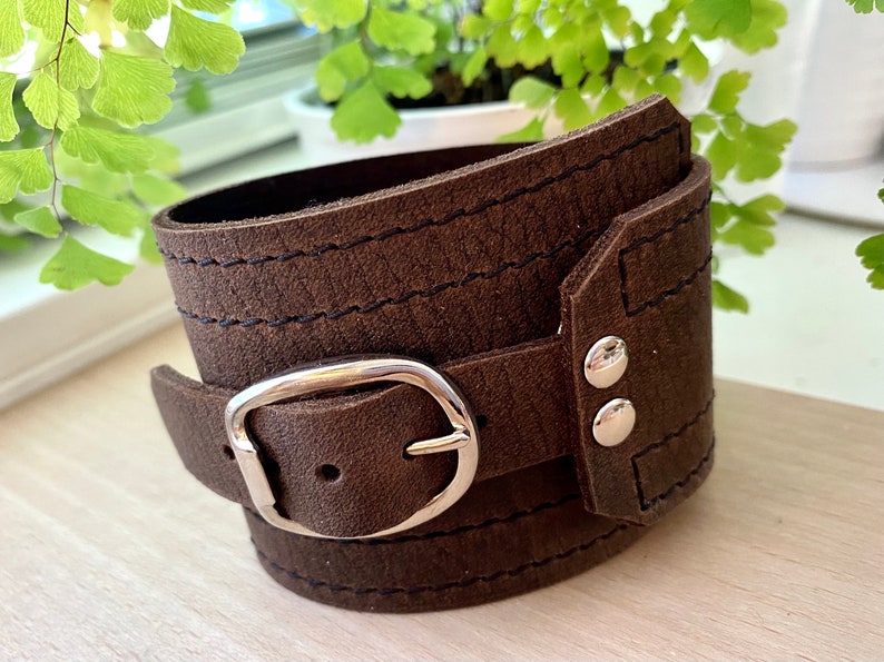 Brown Leather Cuff Unisex Buckle Wrap Adjustable Size Gifts for Him Modern Cuff Wide Leather Cuff Unisex Leather Bracelet Unique image 1
