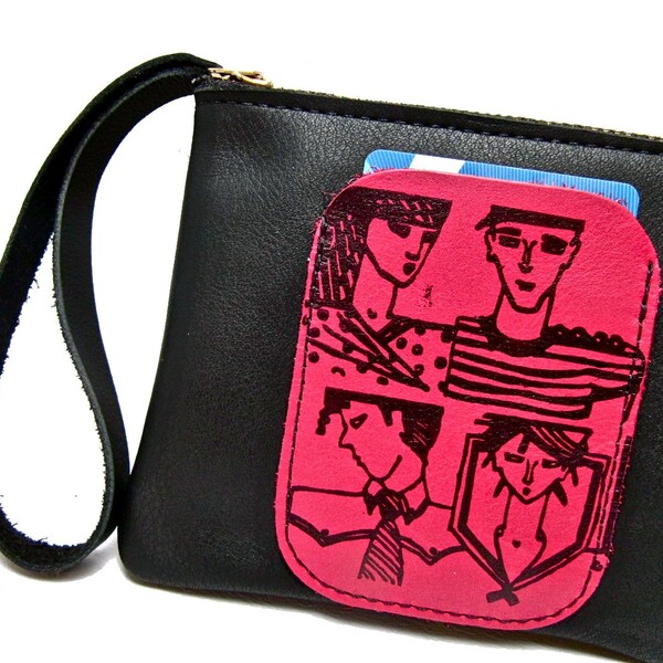 SALE Cambie LEATHER Anything Wrist Pouch Black, Coral Pink