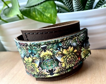 Leather Wrap - Bracelet Cuff - Women's Bracelet Wrap - Succulants Gift - Photo Print on Leather - Unique Gift - Gardener Gift - Gift for Her