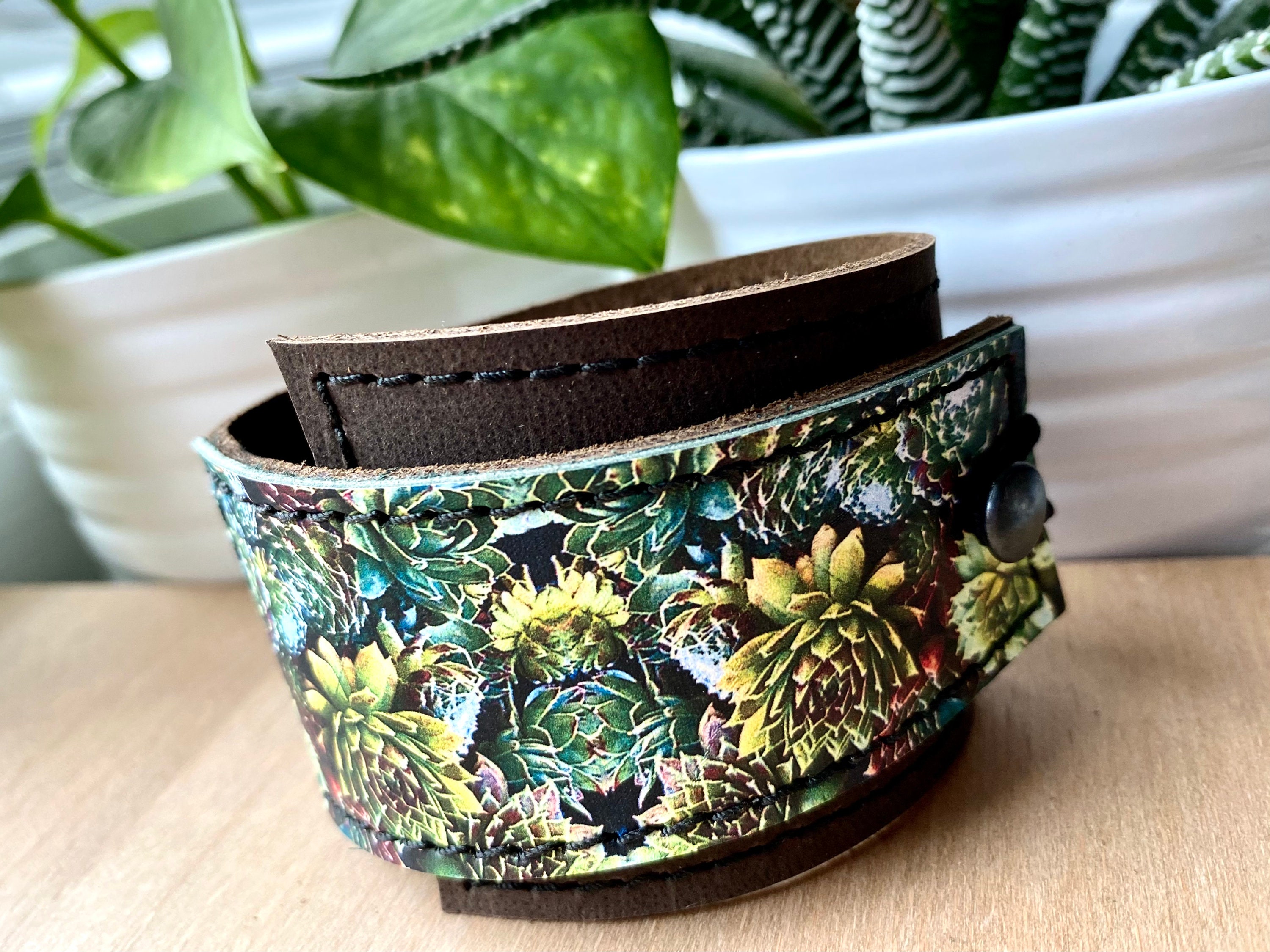 Leather Wrap - Bracelet Cuff - Women's Bracelet Wrap - Succulants Gift - Photo Print on Leather - Unique Gift - Gardener Gift - Gift for Her