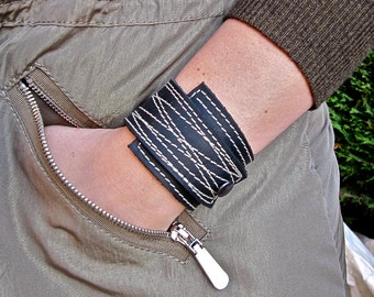 Black Leather Cuff - Unisex Wrap Bracelet -Contratsing Stitiching - Adjustable Size Bracelet - Modern Cuff - Gift for Him - Simple Bracelet