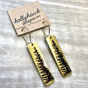 Brass Earrings Hand Printed Pine Tree Gift Rectangle Earrings Nature Jewellery Gifts for Her Golden Tree Earrings Boho Earrings image 1