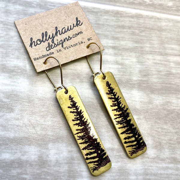 Hand Printed Raw Brass Rectangle Earrings – Pine Tree Nature Jewelry