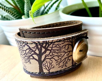 Leather Taupe Bracelet Wrap - Tree Silhouette Print Button Cuff - Adjustable Size