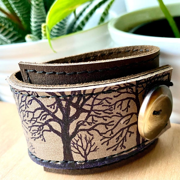 Leather Cuff Bracelet Wrap - Tree Silhouette Print - Brown Leather Cuff - Boho - Leather Wrist Cuff - Unique gifts - Tree Print -Button Cuff