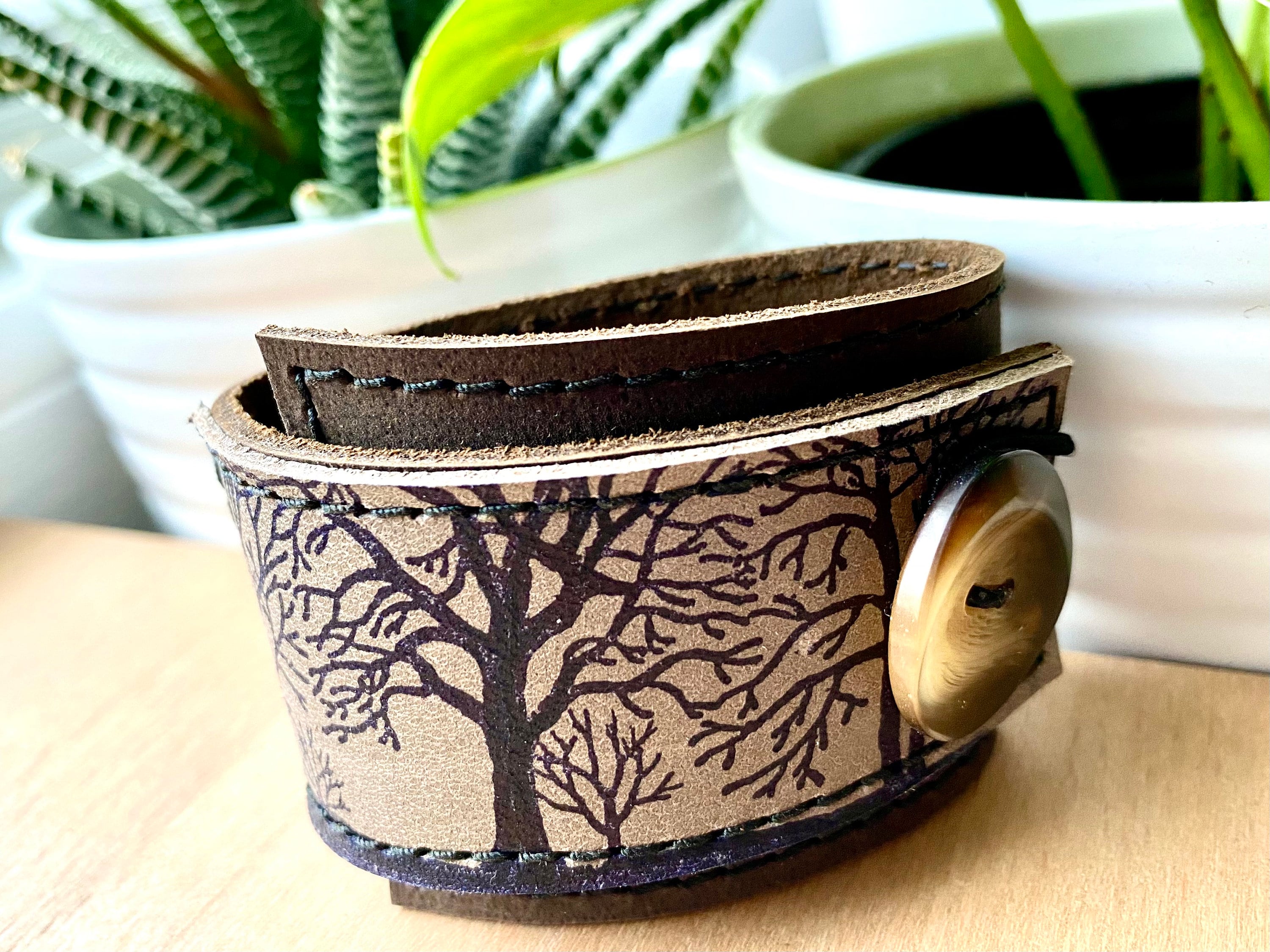 Leather Taupe Bracelet Wrap - Tree Silhouette Print Button Cuff - Adjustable Size