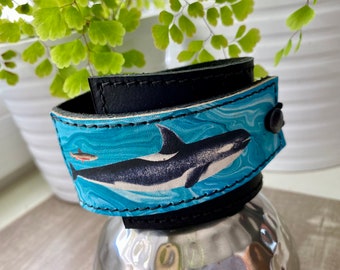 Leather Wrap Cuff - Unisex Wristband - Wrap Bracelet for Women - Orca Jewelry - Leather Gift - Men's Leather Cuff - Killer Whale