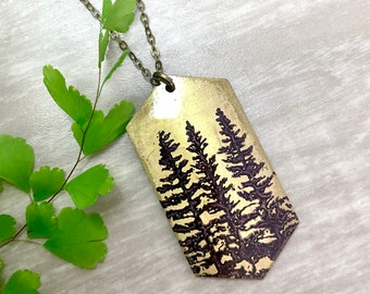 Pine Tree Necklace - Brass Jewelry - Moon Mountain - Hexagon Necklace - REVERSIBLE Necklace - Gifts for Her - Nature Inspired Gifts