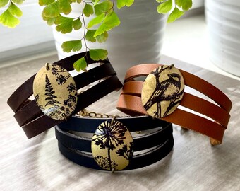 Layered Leather Bracelet – Raw Brass Pendant Cuff, Botanical Print