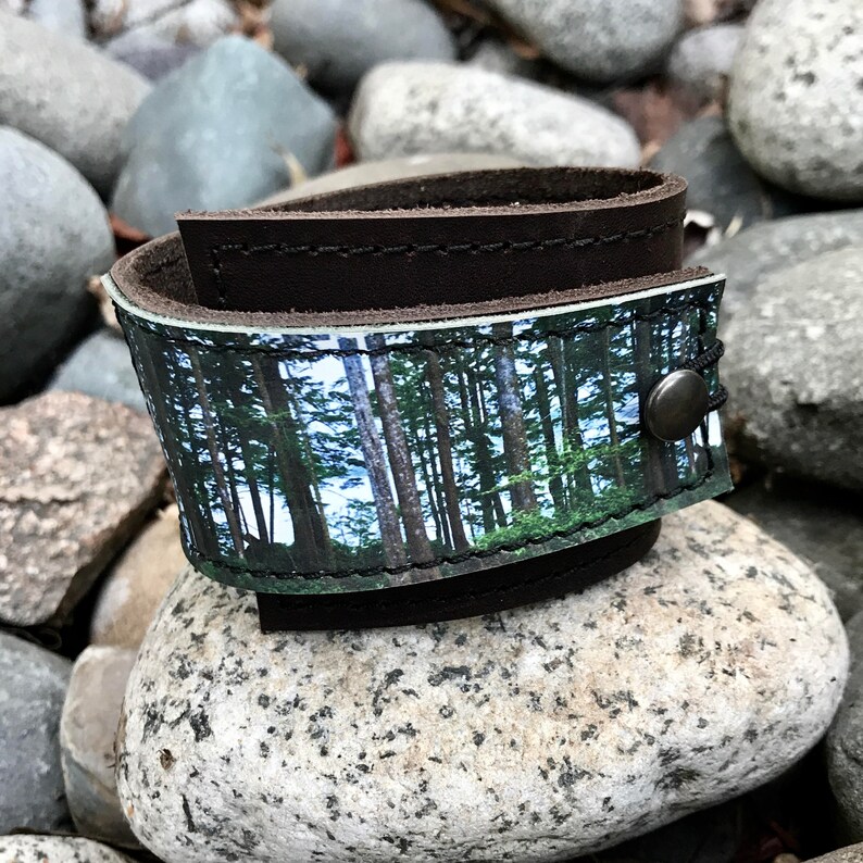 Leather Cuff Wrap Leather Bracelet West Coast Forest Printed Leather Genuine Leather Nature Gift Tree Cuff Unisex Leather Cuff image 3