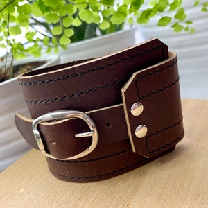 Brown Leather Cuff Unisex Buckle Wrap Adjustable Size Gifts for Him Modern Cuff Wide Leather Cuff Unisex Leather Bracelet Unique image 6