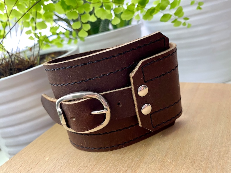 Brown Leather Cuff Unisex Buckle Wrap Adjustable Size Gifts for Him Modern Cuff Wide Leather Cuff Unisex Leather Bracelet Unique image 6