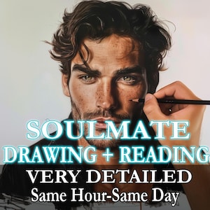 Może przedstawiać: Szczegółowy rysunek twarzy mężczyzny z ciemnymi włosami i piegami. Tekst "SOULMATE DRAWING + READING" jest wyświetlany w kolorze turkusowym. Poniżej teksty "VERY DETAILED" i "Same Hour-Same Day" są w kolorze białym.