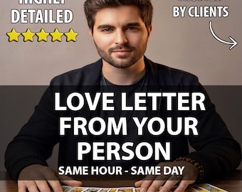 May include: Image of a man with a beard, holding tarot cards. Text reads "LOVE LETTER FROM YOUR PERSON" and "SAME HOUR - SAME DAY". Above the man's head is the text "HIGHLY DETAILED" with five yellow stars. The text "TRUSTED BY CLIENTS" is also visible.